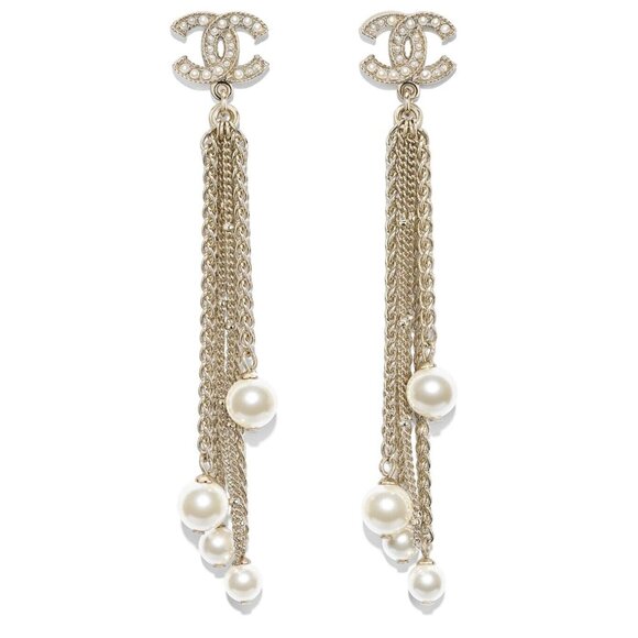 CHANEL Bijoux Fantaisie Chandelier Pearl Chain CC Dangle Earrings Gold BOX &CARD